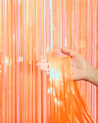 Orange Fringe Curtains - 2 Pack Foil Backdrop for Parties