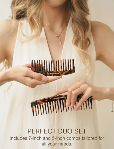 Heesch Classic Tortoise Wide Tooth Curl Comb Set of 2 — 5 & 7 Inch Travel & Styling Combs for Curly & Wet Hair