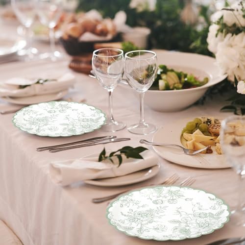 Sage Green Floral Paper Plates - 9in Scalloped, 24 Count