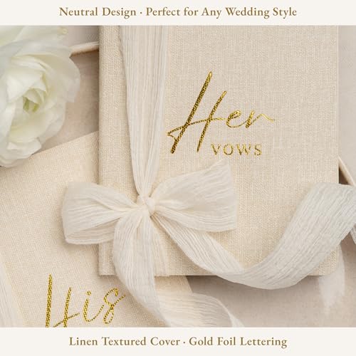 Elegant Wedding Vow Books Set for Bride and Groom - Softcover with Linen Fabric and Ribbon Closure