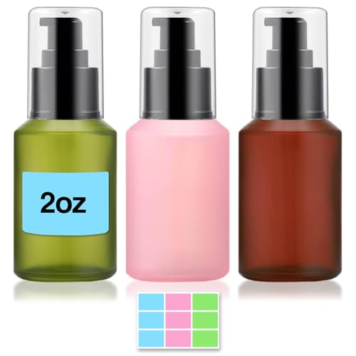 2oz Frosted Glass Pump Bottle Dispenser Set - 3 Pack in Green, Pink, Brown