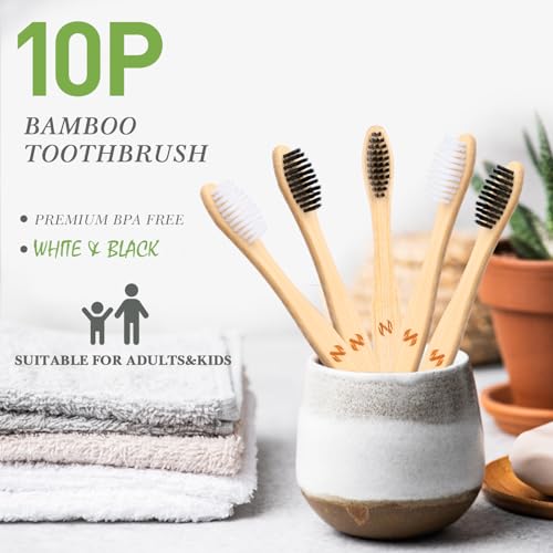 10 Pack Eco-Friendly Bamboo Toothbrushes with Medium Bristles