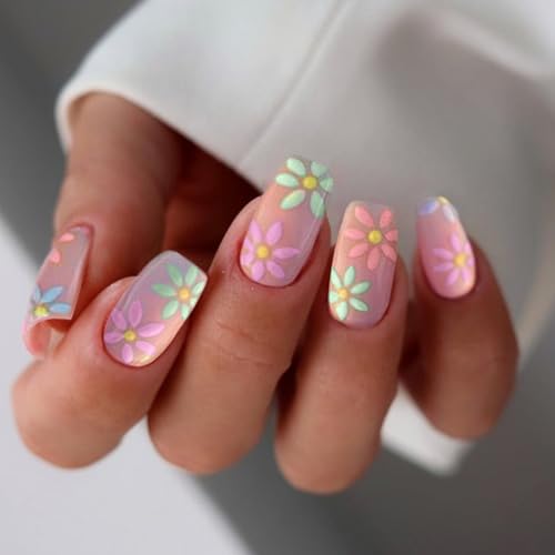 Pink Flower Press-On Nails | Short Square Acrylic Fake Nails - 24 Pcs