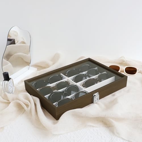 Wudygirl Jewelry Organizer with Lid - 8 Grid Sunglasses & Accessories Tray 13.7"x9.4" Beige