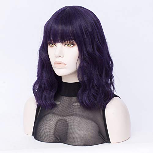 Short Wavy Purple Wig with Bangs - Heat Resistant Synthetic Hair for Costume