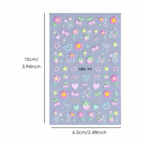 Juggssa Sweet Flower 5D Embossed Nail Stickers – Colorful Cherry, Strawberry, Heart & Star Designs for Manicure, 3 Sheets
