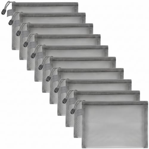 10 Pack Gray Nylon Mesh Zipper Pouches A5 - Durable Storage Bags