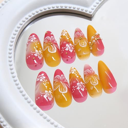 24Pcs Medium Almond Flower Press On Nails with Gold Beads