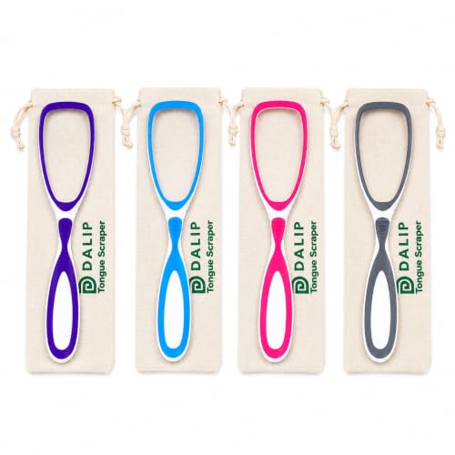 Glam by Dalip 4-Pack Plastic Tongue Scrapers with Travel Pouches, BPA Free Oral Hygiene Tool for Adults & Kids