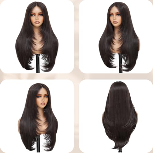 Civrie 28-Inch Long Straight Brown Lace Front Wig - Glueless Natural Look