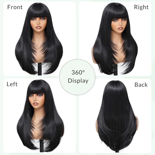 Black Synthetic Long Straight Wigs for Women with Bangs - 28 Inch, Realistic, Heat-Resistant Fiber, Adjustable Cap