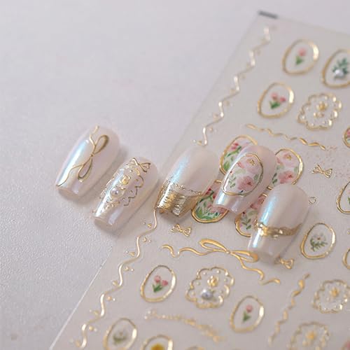 5D Floral Nail Art Stickers with Gold Frames - Self-Adhesive Decals
