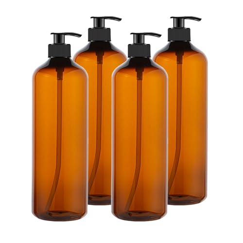4 Pack 32 oz Amber PET Plastic Pump Bottles for Shampoo and Lotion