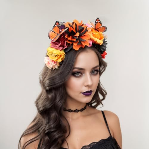 Boho Butterfly Flower Crown Headband, Adjustable Floral Bridal Headpiece