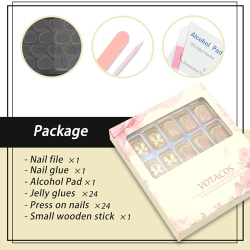 VOTACOS Milky Yellow French Tip Press On Nails Short Square with Bow Design 24PCS
