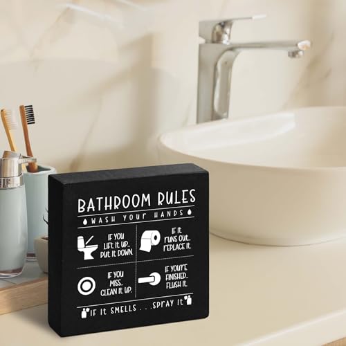 Funny Bathroom Rules Wooden Box Sign - 5x5 Rustic Home Decor