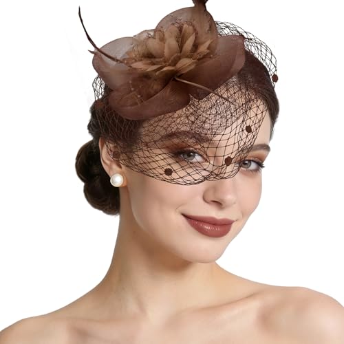 Reddish Brown Fascinators Hat for Women Mesh Feathers Tea Party Derby Headband with Hair Clip