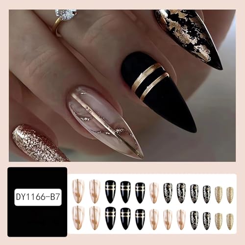 Medium Almond Press On Nails with Gold Foil - 24Pcs