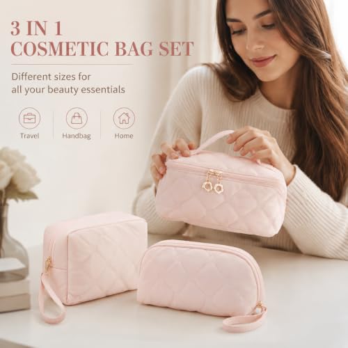 Pink Embroidery Puffer Travel Makeup Bag - Women’s Cosmetic Organizer