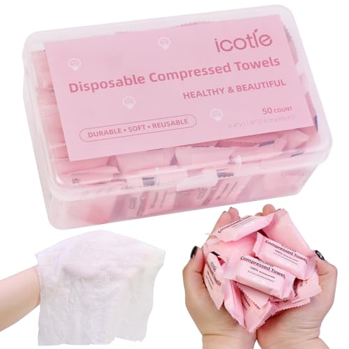 ICOTLE Compressed Towels - 50 Disposable Cotton Face Cloths for Travel & Outdoor Use