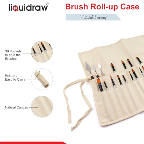 Liquidraw 30-Pocket Canvas Paint Brush Holder Roll-Up Organizer - Natural, 21x18in