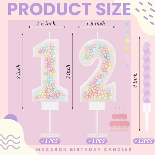 MTLEE Macaron Number 12 Birthday Candle Set with 12 Spiral Candles