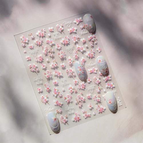 5D Cherry Blossom Nail Art Stickers - Pink Floral Decals for DIY Manicure