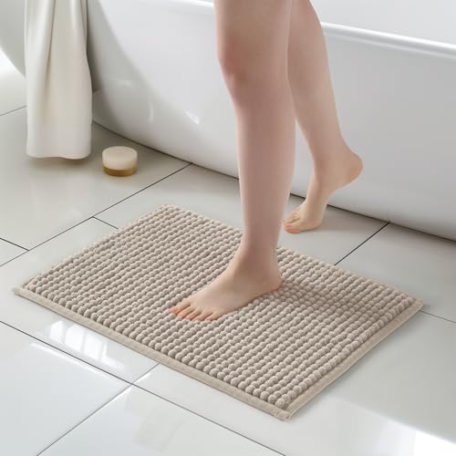 FRESHMINT Chunky Chenille Bathroom Rug, Beige, 17"x24" - Non-Slip, Water Absorbent, Machine Washable