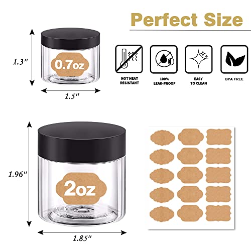 AMORIX Black Lid Travel Cosmetic Jars Set – 24x 2oz & 24x 0.7oz Plastic Containers with Labels & Spatulas