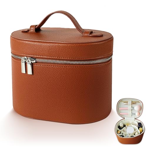 JOVOLIFE Brown Large Capacity Leather Makeup Bag with Removable Compartment