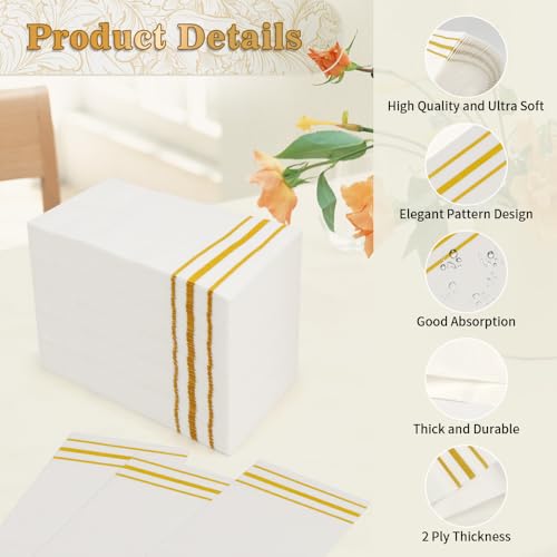 100 Pack Gold Trimmed Disposable Paper Napkins – Soft & Absorbent Dinner Towels