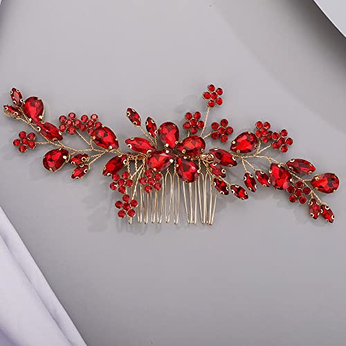 Chargances Handmade Red Crystal Gemstone Hair Comb Bridal Headpiece Wedding Accessory