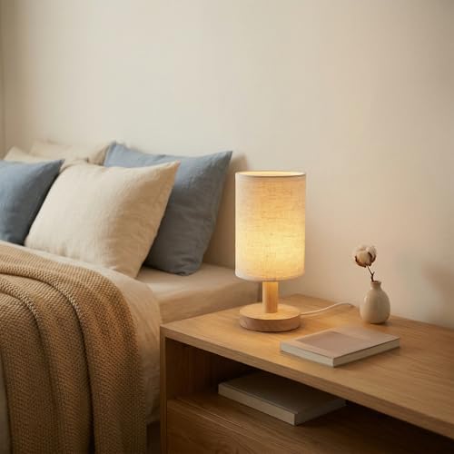 USB Powered Minimalist Bedside Table Lamp with Wood Base & Fabric Shade