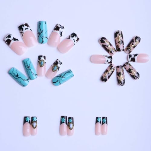 LINMEIZAI SS-C12 Blue Marble French Press On Nails 24 Pack - Long Square Fake Nails for Women