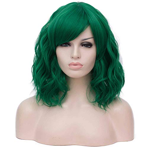 Mildiso Short Curly Wavy Green Wigs for Women with Bangs - 14 inch, Adjustable Cap