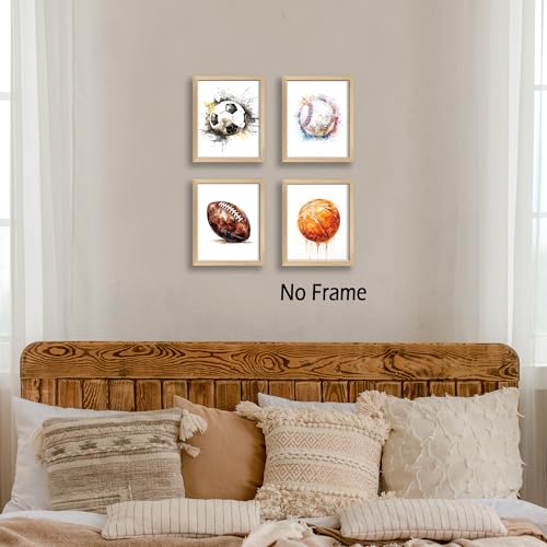 Sports Wall Art Set of 4 - Basketball, Soccer, Football & Baseball Prints - 8x10 Unframed Decor