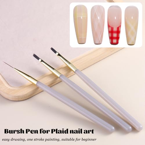 3PCS Nail Art Brush Set for Plaid & Checkerboard Designs
