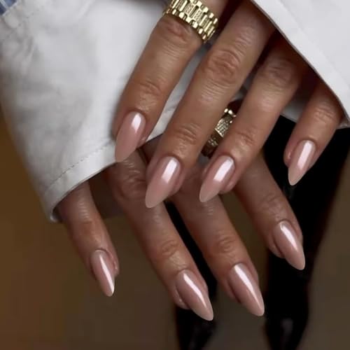Nude Chrome Press on Nails - Almond Shape, 30 Pcs Reusable