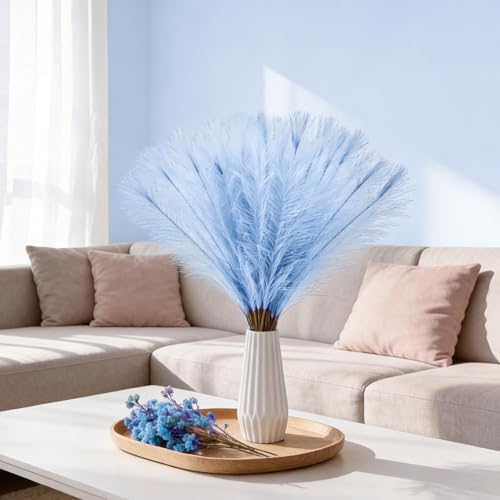 50pcs Sky Blue Faux Pampas Grass - 21.6 Inch Fluffy Decor