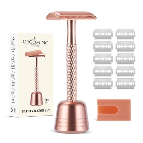 THE GROOMING SOCIETY Rose Gold Double Edge Safety Razor with Stand & 10 Blades