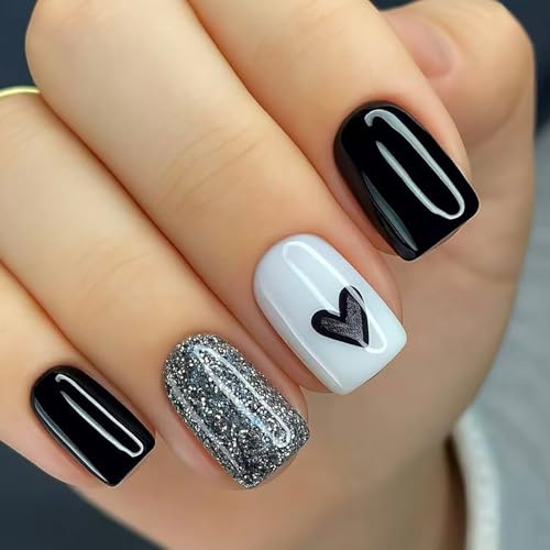 Vopintpy Valentines Press on Nails 1940 - Short Square Silver Glitter Fake Nails for Women, Romantic DIY Manicure