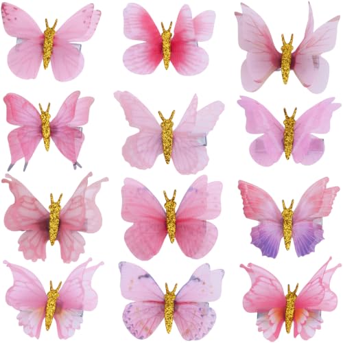 PAGOW 12 Pcs Pink Rhinestone Butterfly Hair Clips for Women, Gradient Moving Fairy Hair Accessories