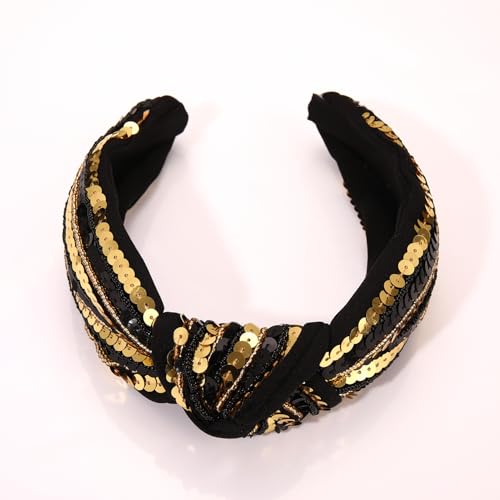 Game Day Knotted Headband Black Gold Sequin Seedbead Wide Top Knot Sports Fan Accessory