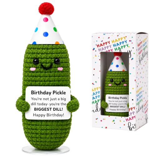 Funny Handmade Crochet Birthday Pickle Gift with Stand & Box