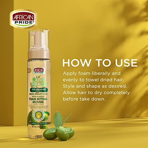 African Pride Olive Miracle Foam Mousse - Non-Flaking Frizz Control, 8.5 oz