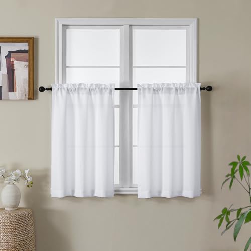 Gwine White Faux Linen Curtains - 30 Inch Length, 2 Panels