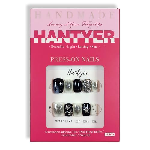 Hantyer Short Square Press On Nails Metal M Dark Glam with Silver 3D Stars