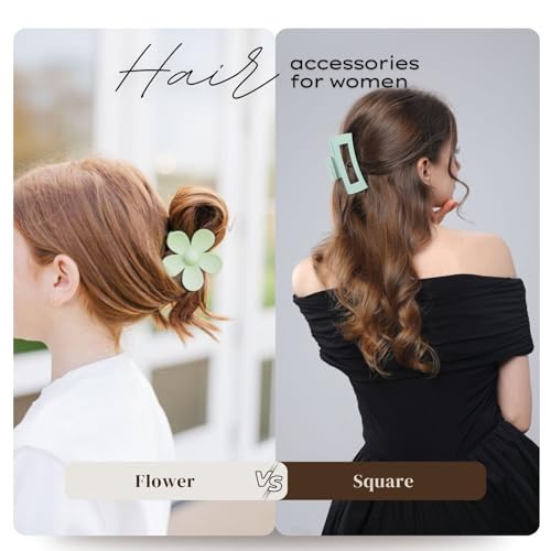 Large Claw Hair Clips for Thick Hair - Non-Slip Square & Flower Styles, Matte Green & Blue (6 Pack)