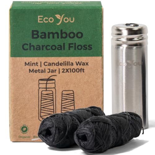 EcoYou Charcoal Bamboo Dental Floss Refills - Natural Mint, Vegan Biodegradable, Reusable Metal Container