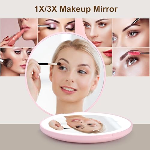 osteplus Pink LED Compact Mirror - 3.9" Dual Magnification, Portable
